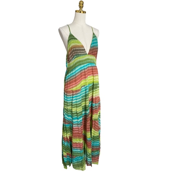 Solitaire Women Strappy Multicolor Striped Cotton Flowy Boho Tiered Maxi Dress L - Picture 2 of 9
